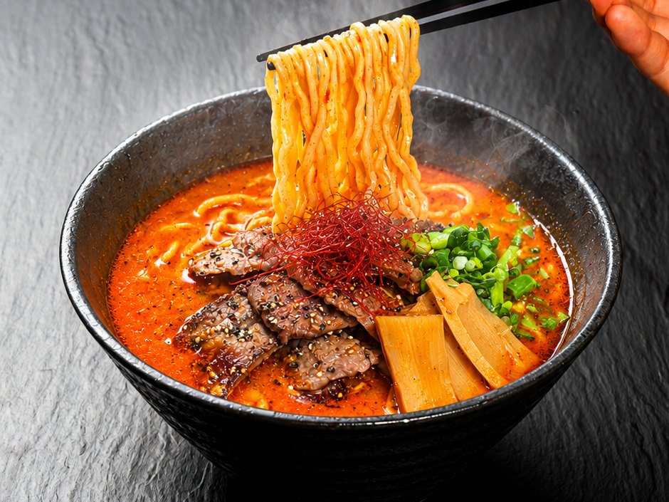 Spicy Wagyu ramen with seared Wagyu slices, chili threads, green onion and bamboo shoots, noodles lifted with chopsticks